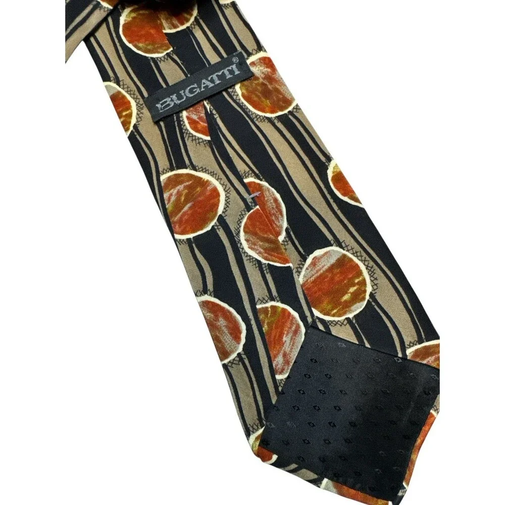 Bugatti 100% Silk Black Brown Geometric Necktie 58” Long 4” Wide Business Preppy